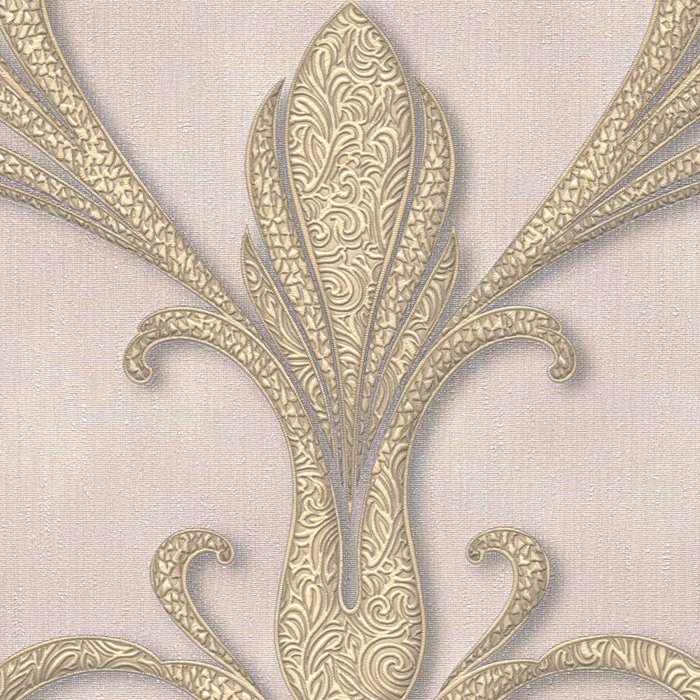             Filigraan ornamentbehang in barokstijl - goud, paars, bruin
        