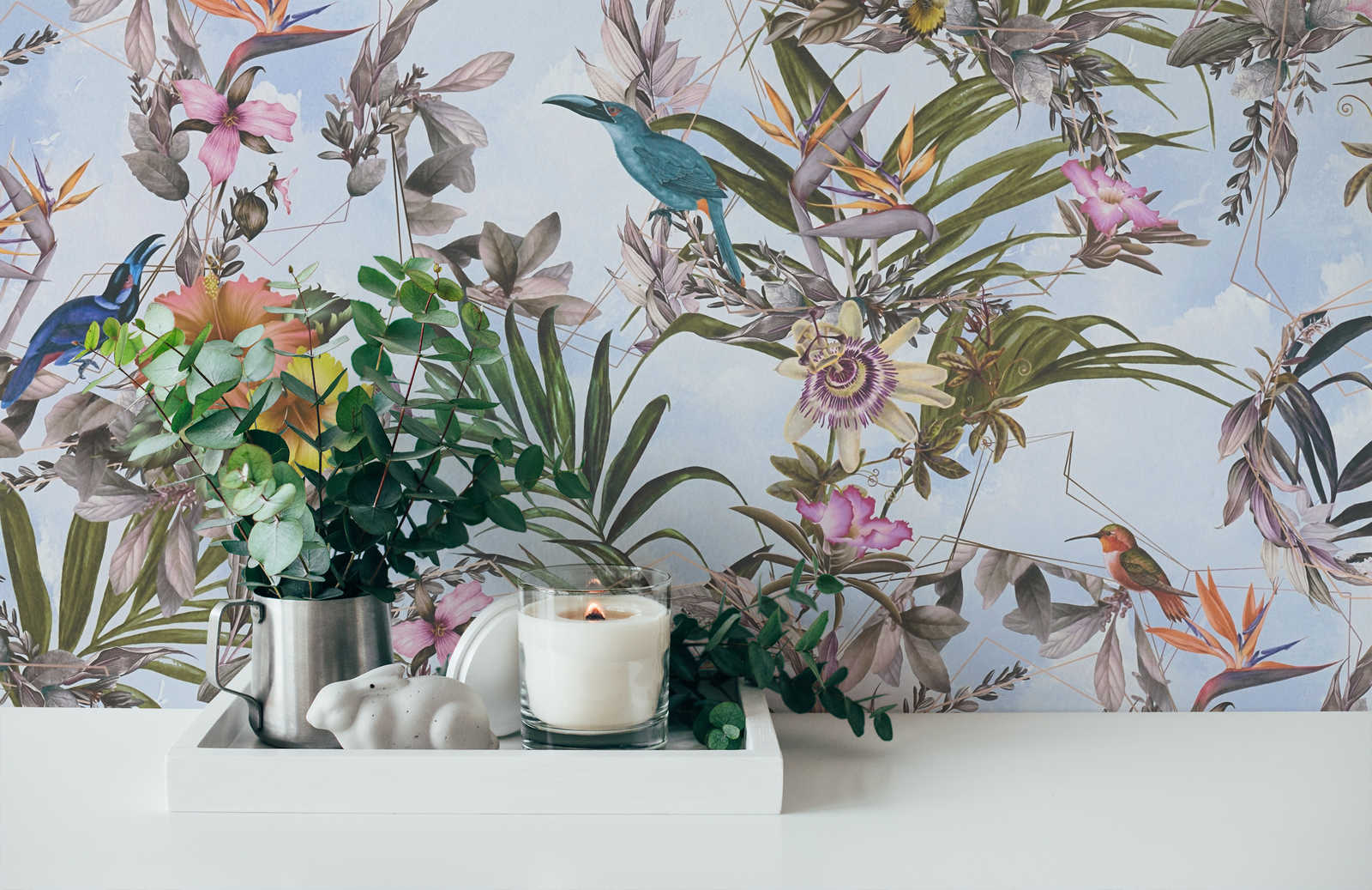             Floral wallpaper with birds & tropical look - colourful, blue, green
        