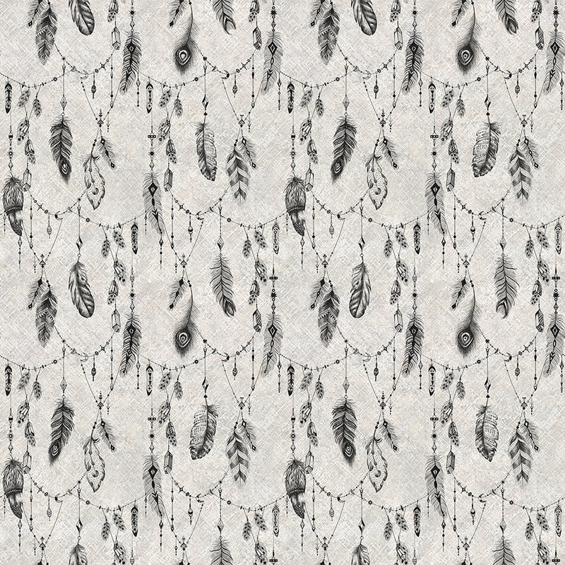         Boho photo wallpaper with feathers & linen look - black, grey
    