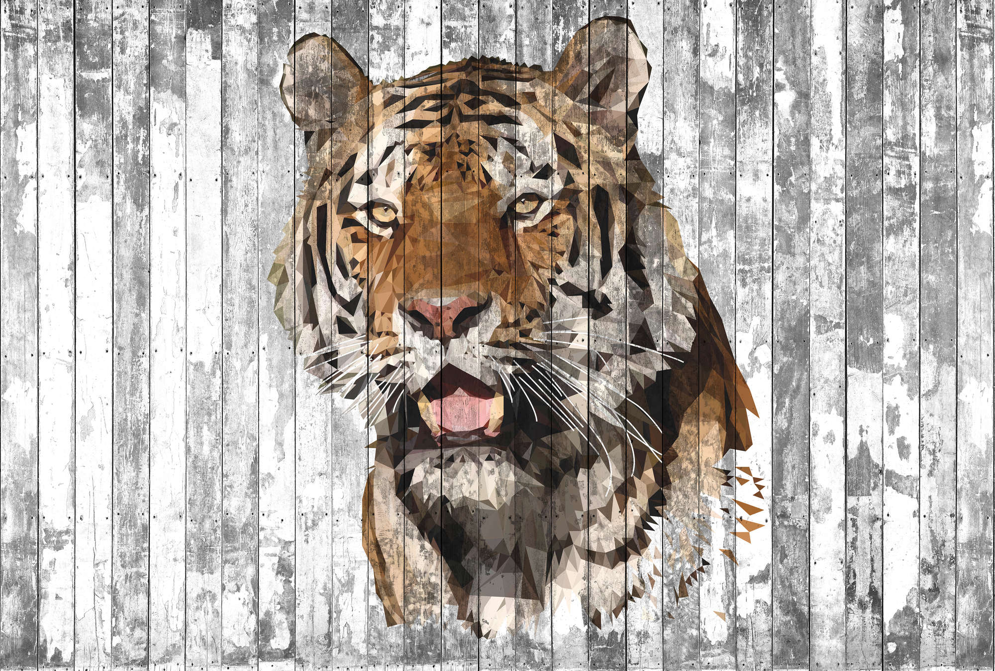             Tiger mural in polygon style for youth room - brown, grey, white
        