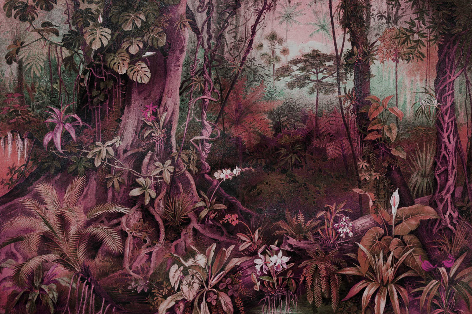             Jungle canvas schilderij in tekenstijl | paars, groen - 0,90 m x 0,60 m
        