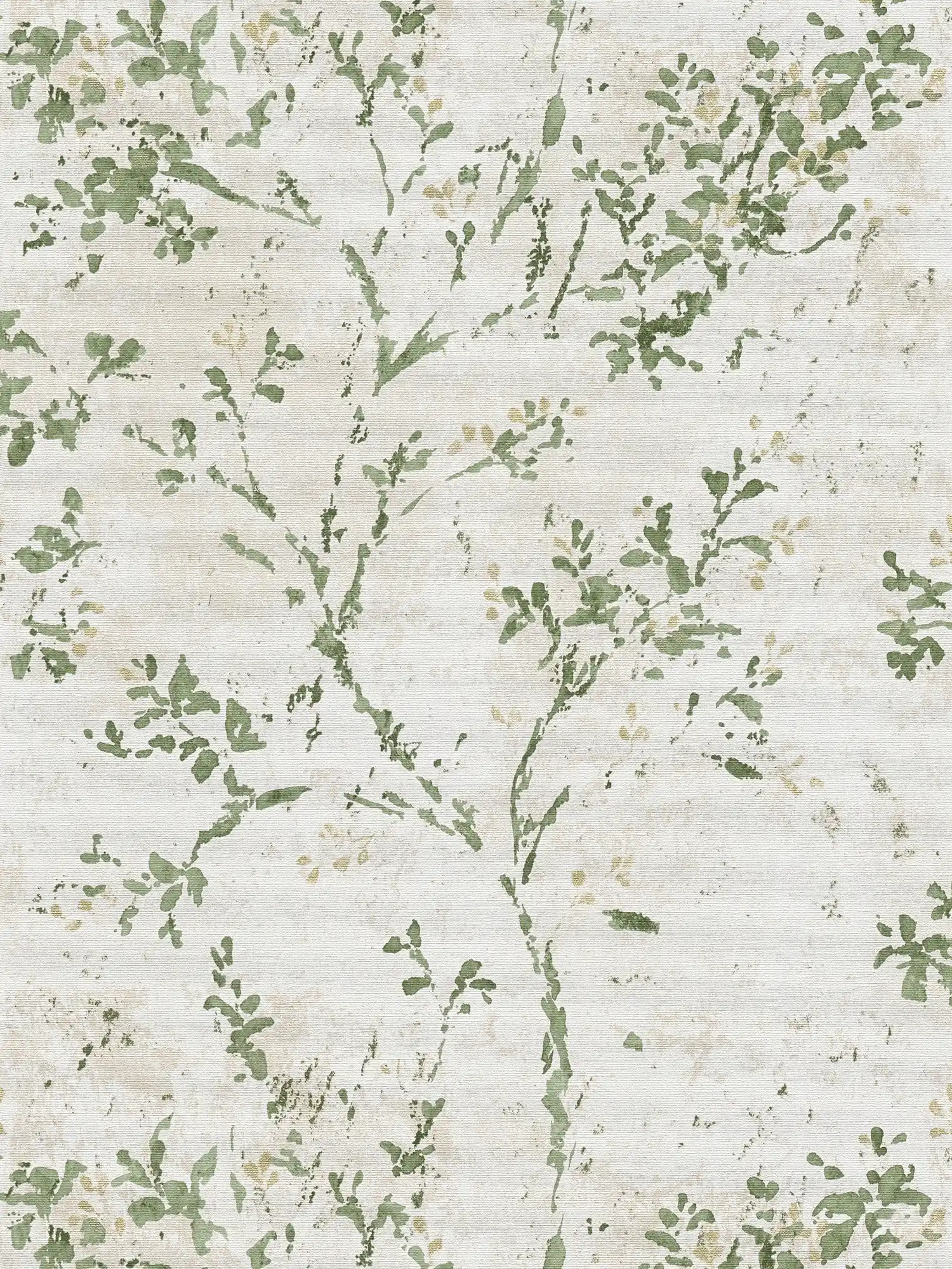 Non-woven wallpaper with a playful floral pattern - beige, green, gold
