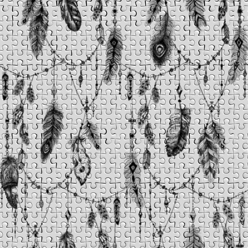         Boho photo wallpaper feathers & puzzle look in black and white - black, grey, white
    