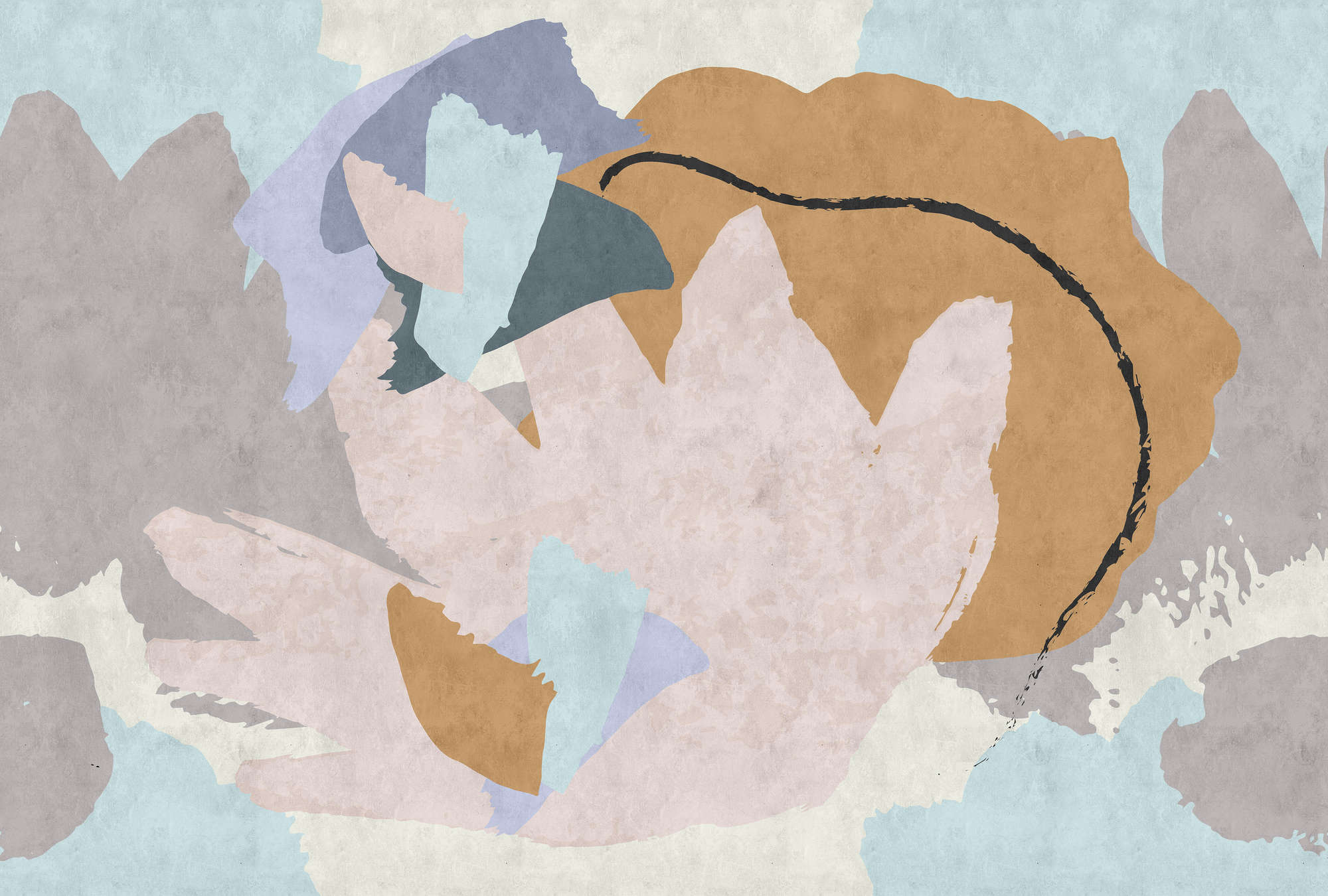             Floral Collage 2 - Modern Wallpaper Abstract Art in Blotting Paper Texture - Blue, Cream | Matt Smooth Non-woven
        