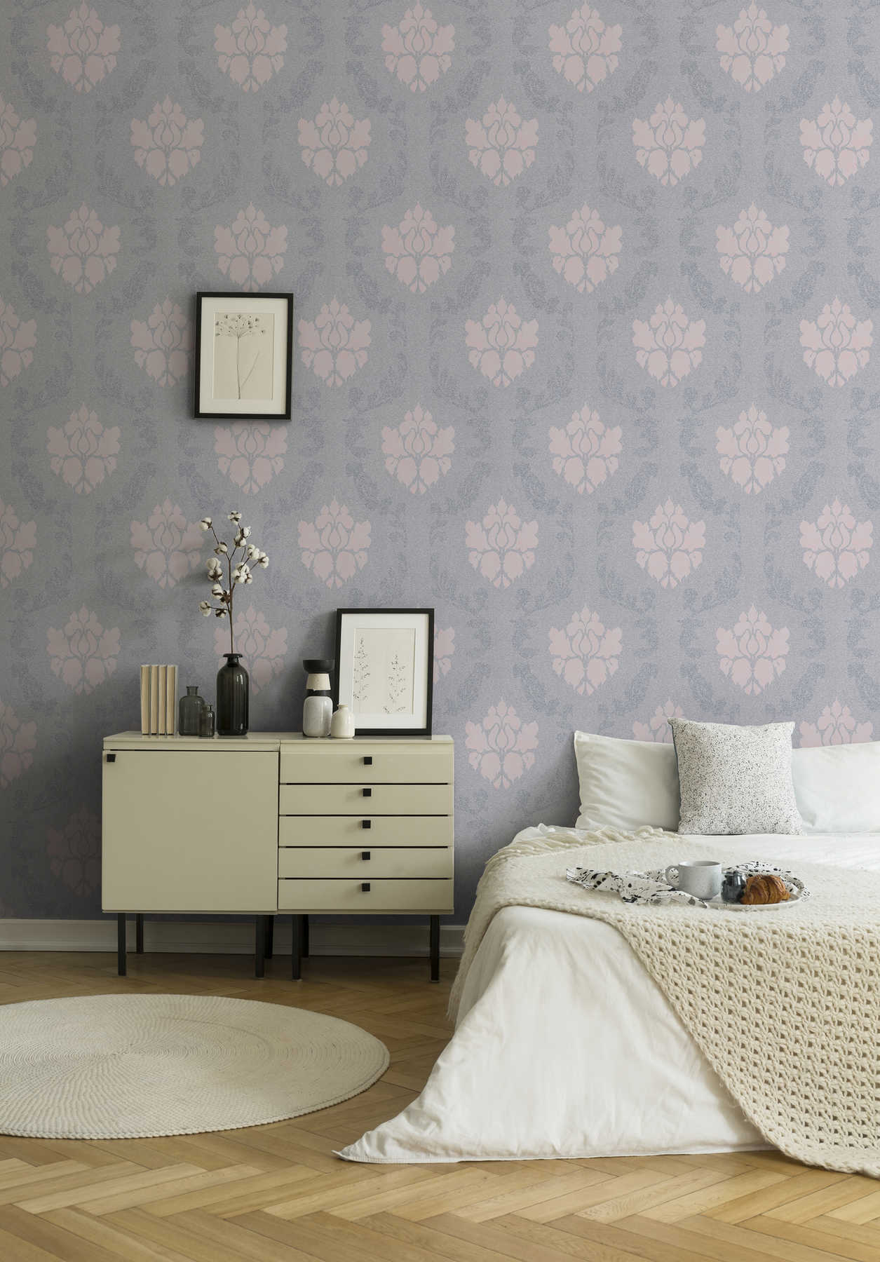             Ornament wallpaper with linen look - blue, pink
        