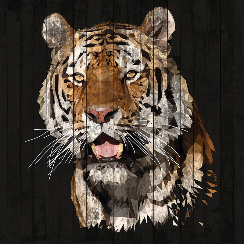         Photo wallpaper tiger with wood look & polygon style - Brown, White, Black
    