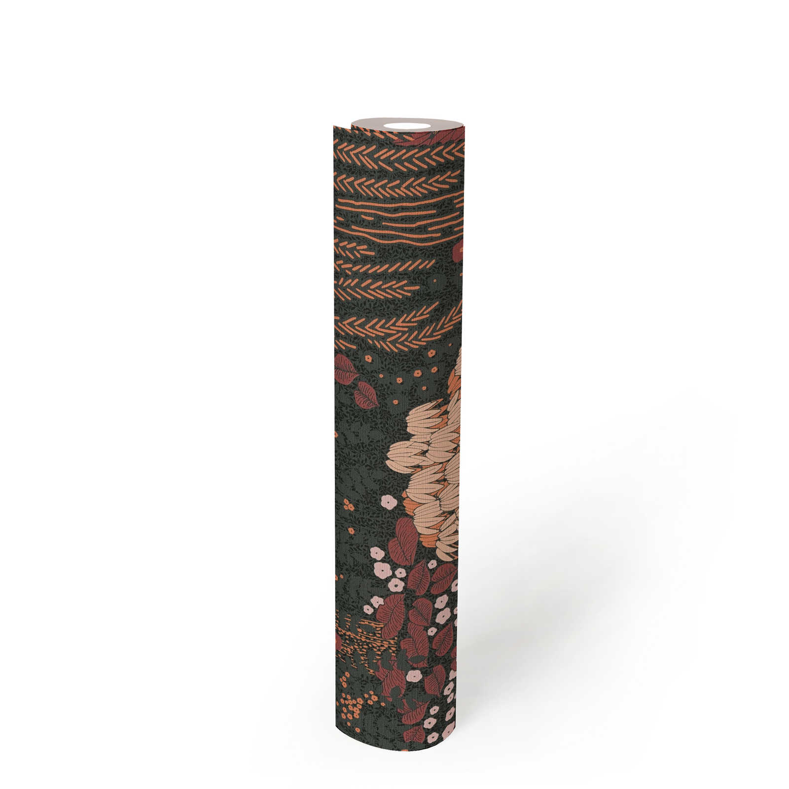             Carta da parati non tessuta floreale con foglie a trama leggera, opaca - nero, rosso, rosa
        