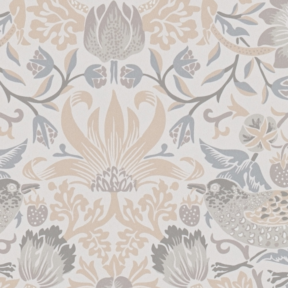             Non-woven wallpaper floral pattern with birds - beige, grey, white
        