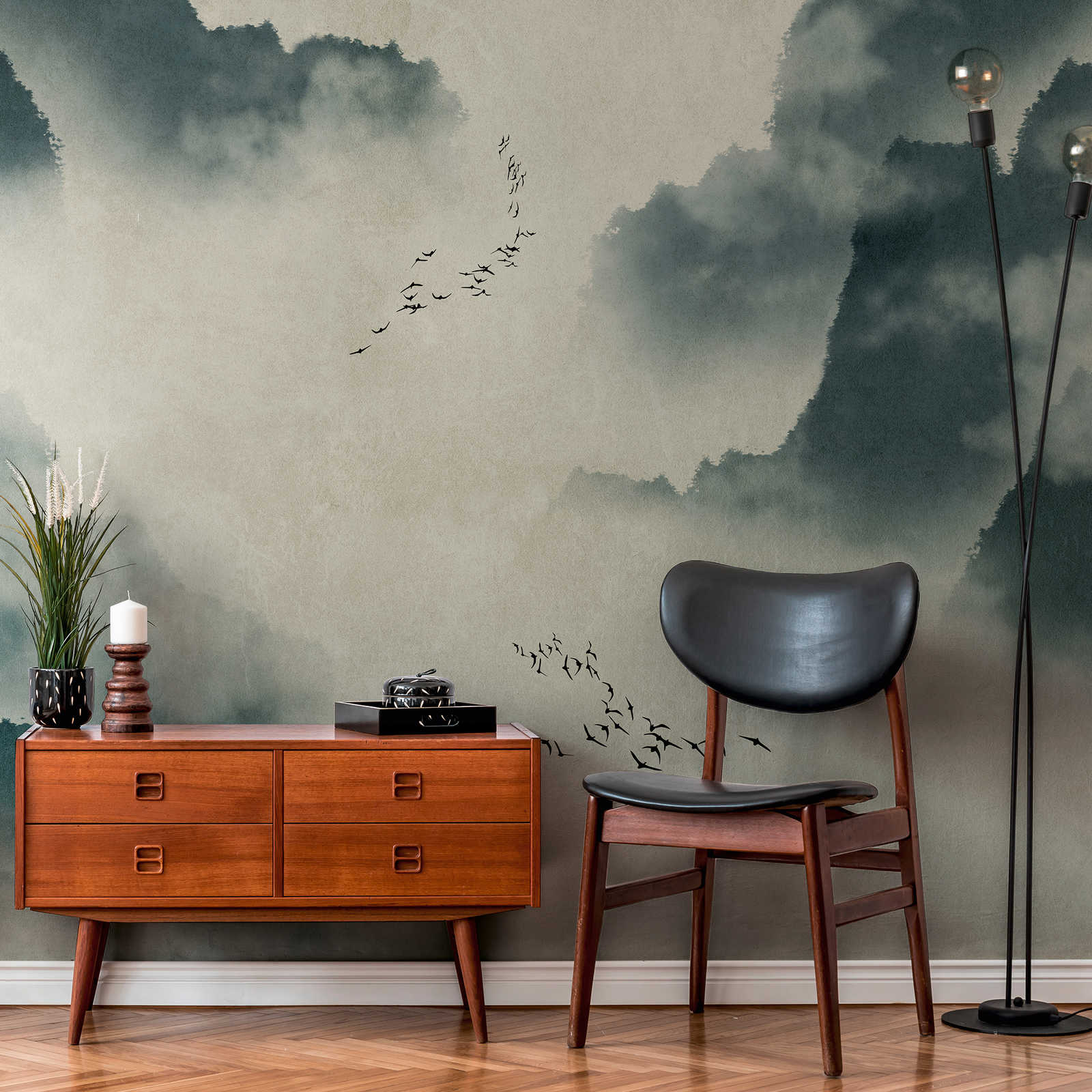         Wallpaper novelty | watercolour motif wallpaper with mountains, fog & flock of birds
    