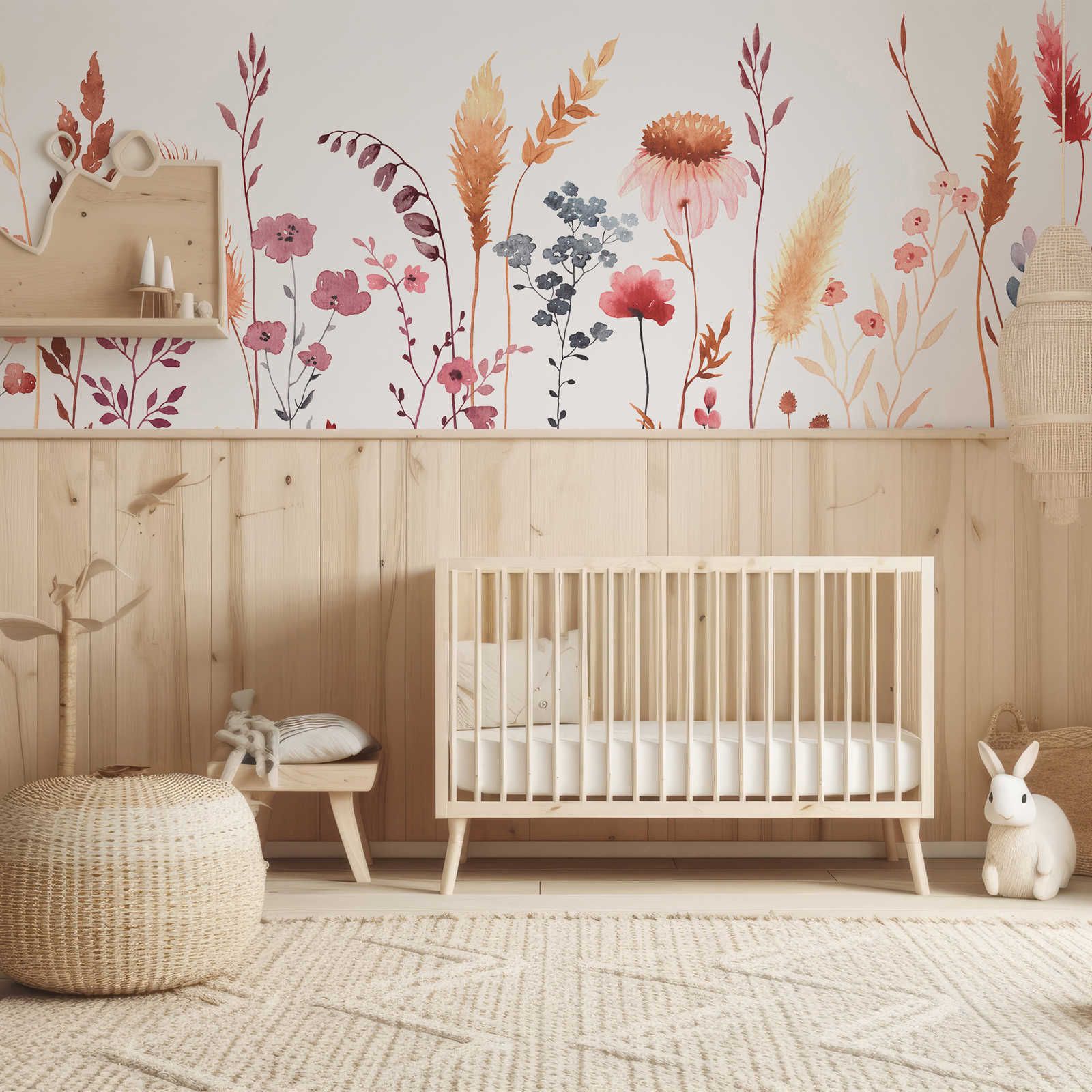 Kinderkamer muurschildering met bladeren en grassen - Glad & parelmoer fleece
