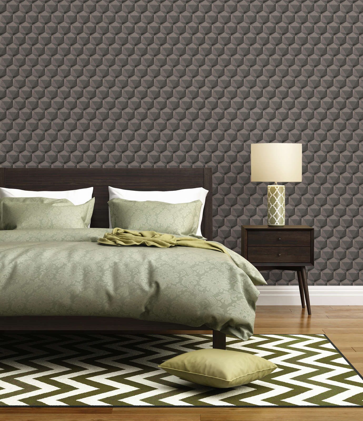             Papier peint graphique 3D optique avec motif polygonal - gris, beige, noir
        
