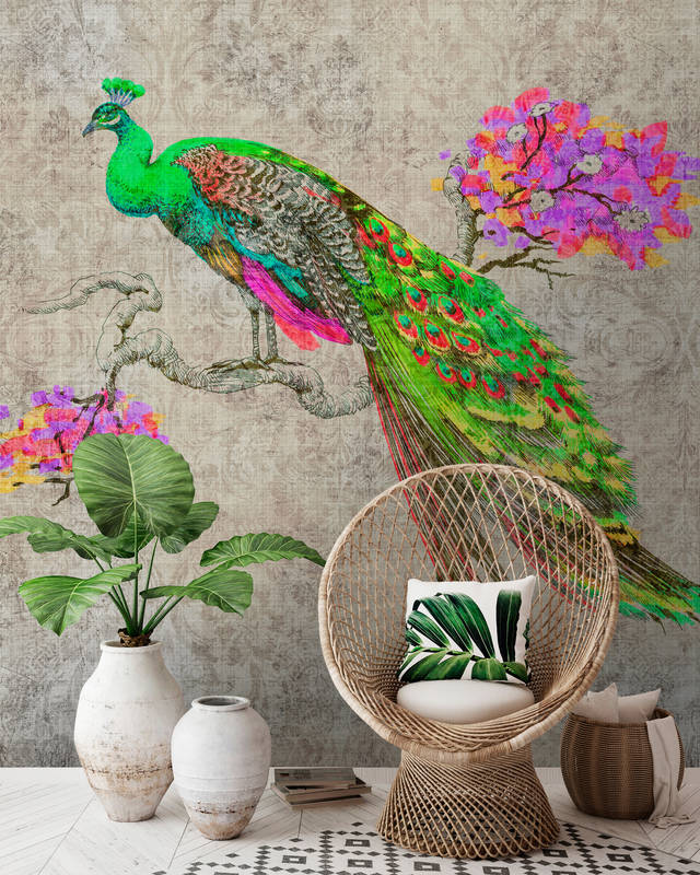             Peacock 1 - Natuurlijk linnen structuurbehang met pauwen in neonkleuren - Groen, Roze | Pearl glad vlies
        