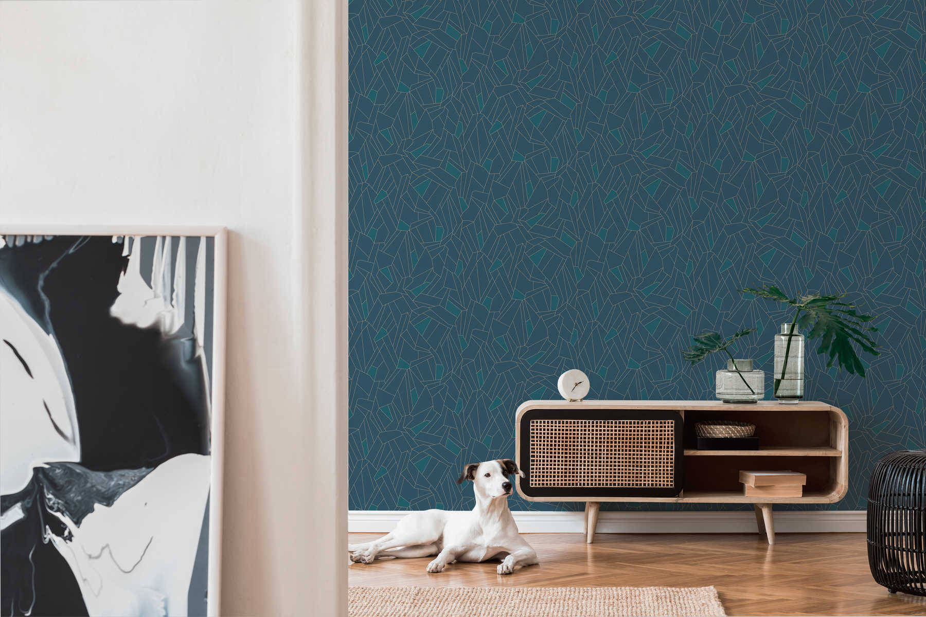             Retro non-woven wallpaper with glitter effect - blue, petrol, beige
        