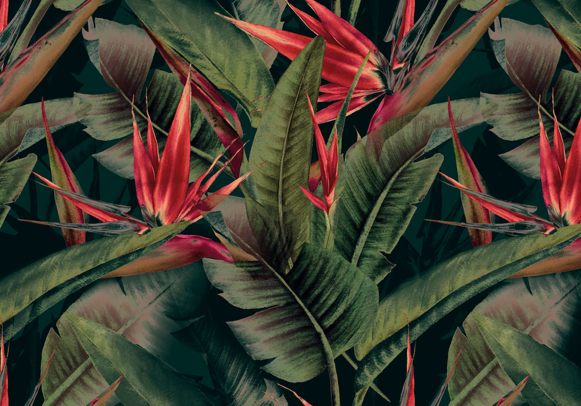             Papier peint panoramique jungle vert avec fleurs rouges d'oiseaux de paradis
        