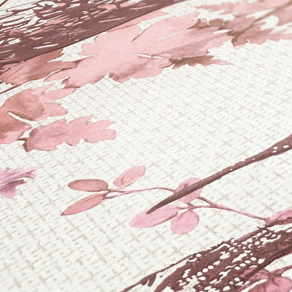             Wallpaper nature birds & leaves in watercolour style - beige, pink
        