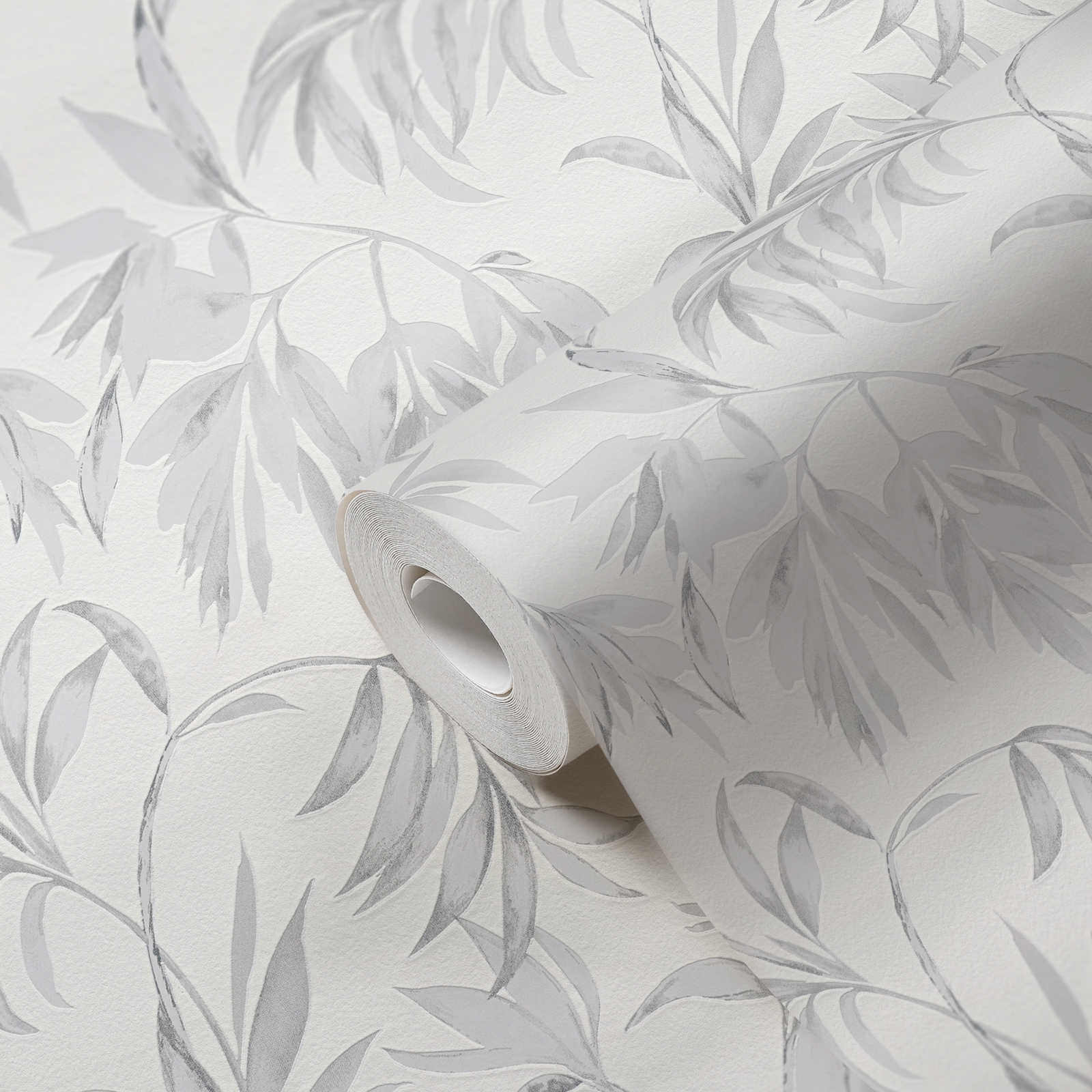             Papier peint Feuilles rinceaux style aquarelle - gris, blanc
        