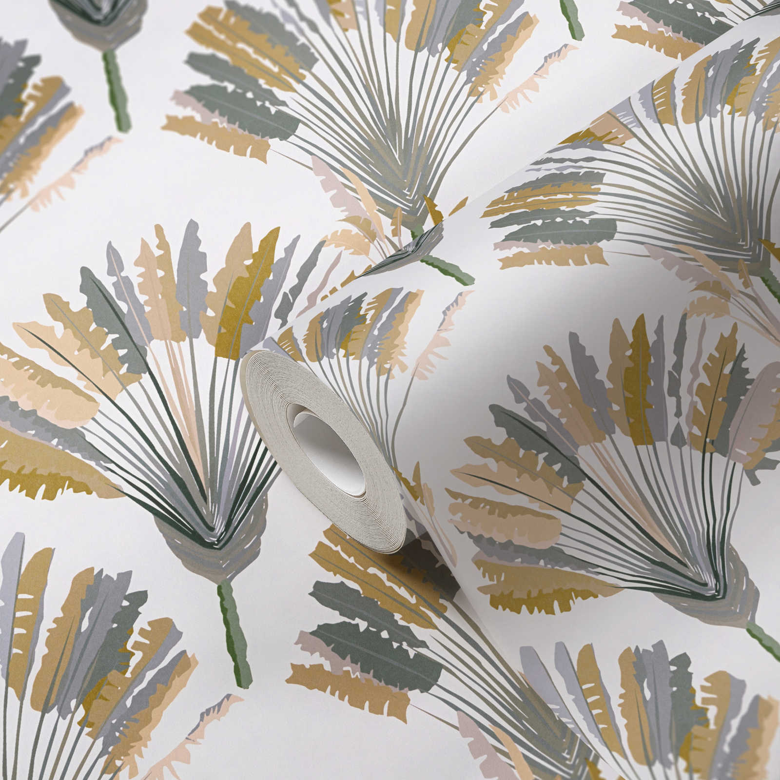             Papel pintado de palmeras con estampado en estilo moderno - amarillo, gris, blanco
        