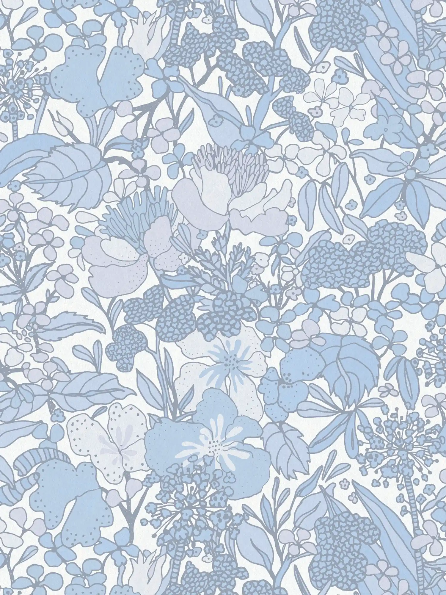 Papel pintado azul y blanco con motivos florales de los años 70 - gris, azul, blanco
