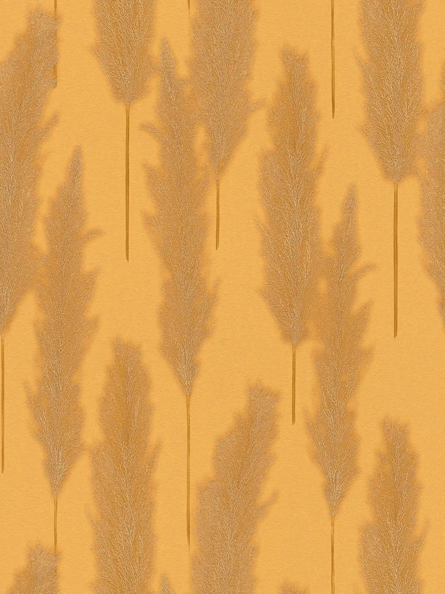 Papier peint avec motif d'herbe de la pampa - jaune, métallique
