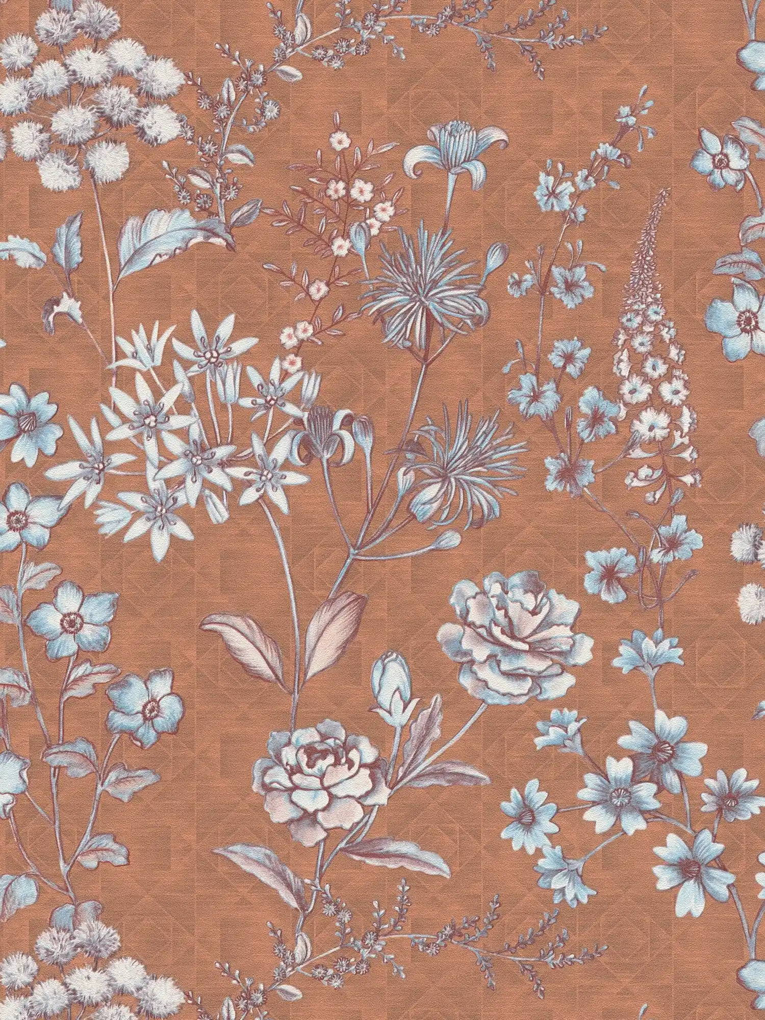 Papier peint fleuri vintage avec motif floral - orange, marron, bleu clair
