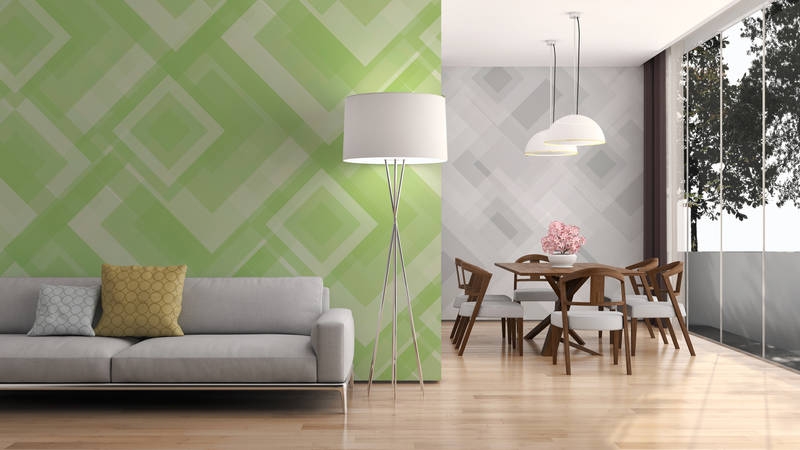             Design wall mural overlapping squares green on textured non-woven
        