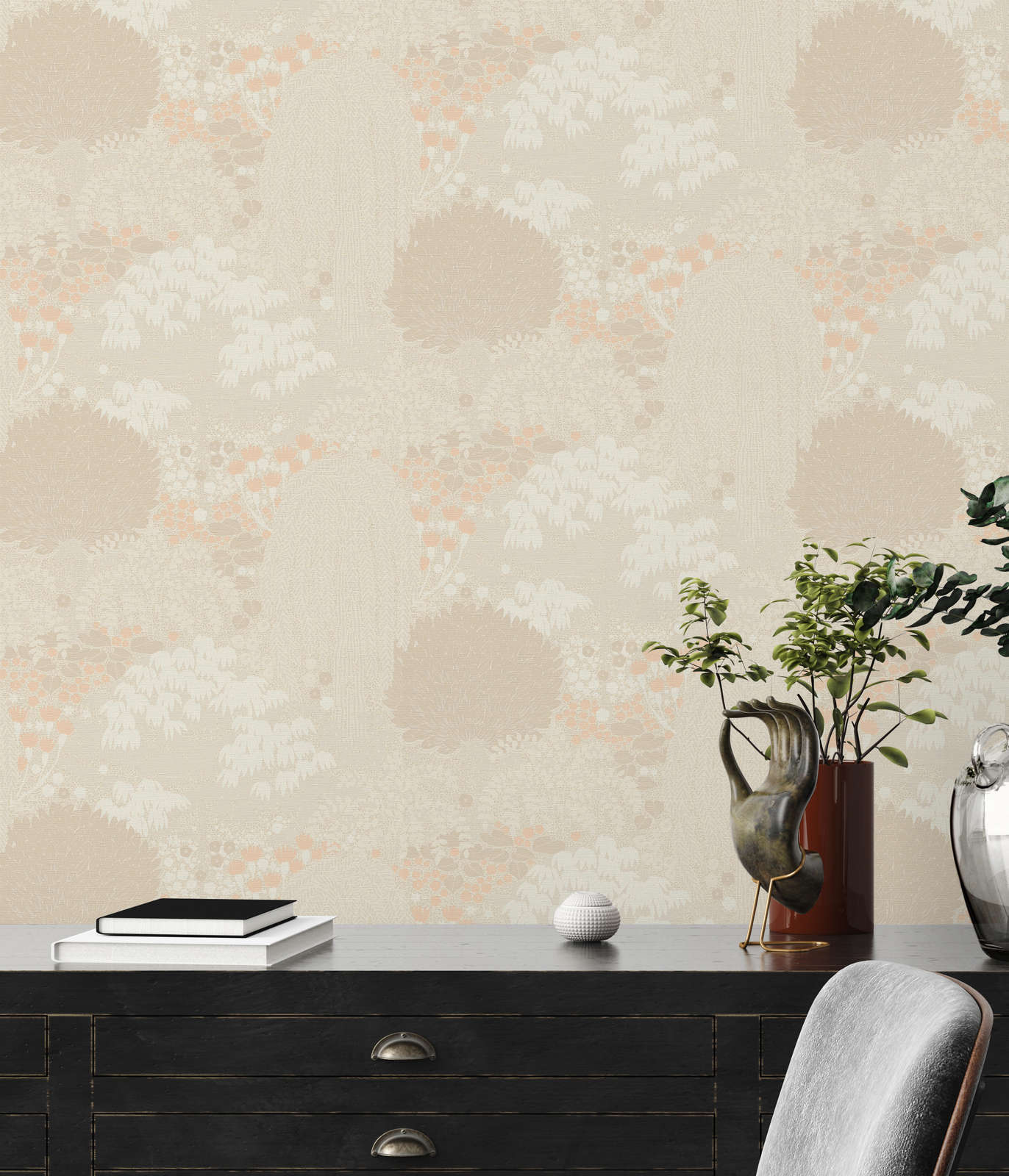             wallpaper floral with leaves light textured, matt - beige, cream, pink
        