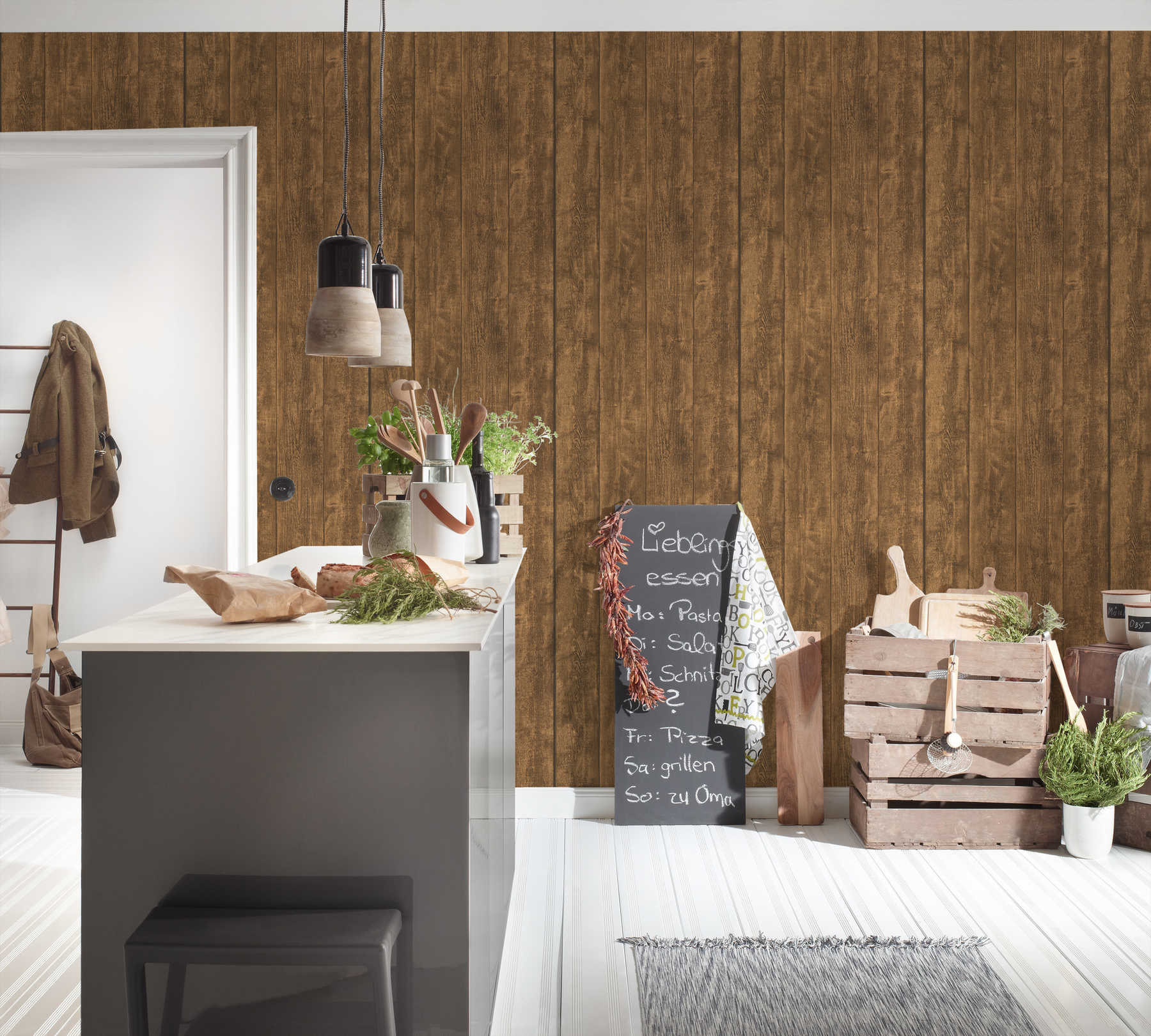             Wood look non-woven wallpaper with rustic grain - brown
        