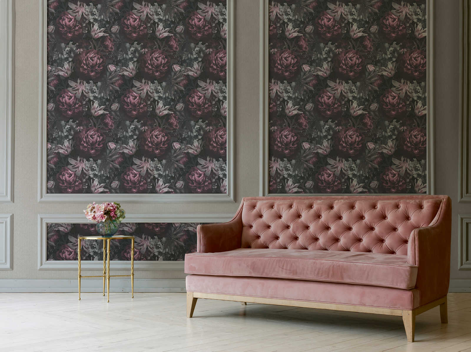             Roses wallpaper flowers in painting style - grey, pink, green
        