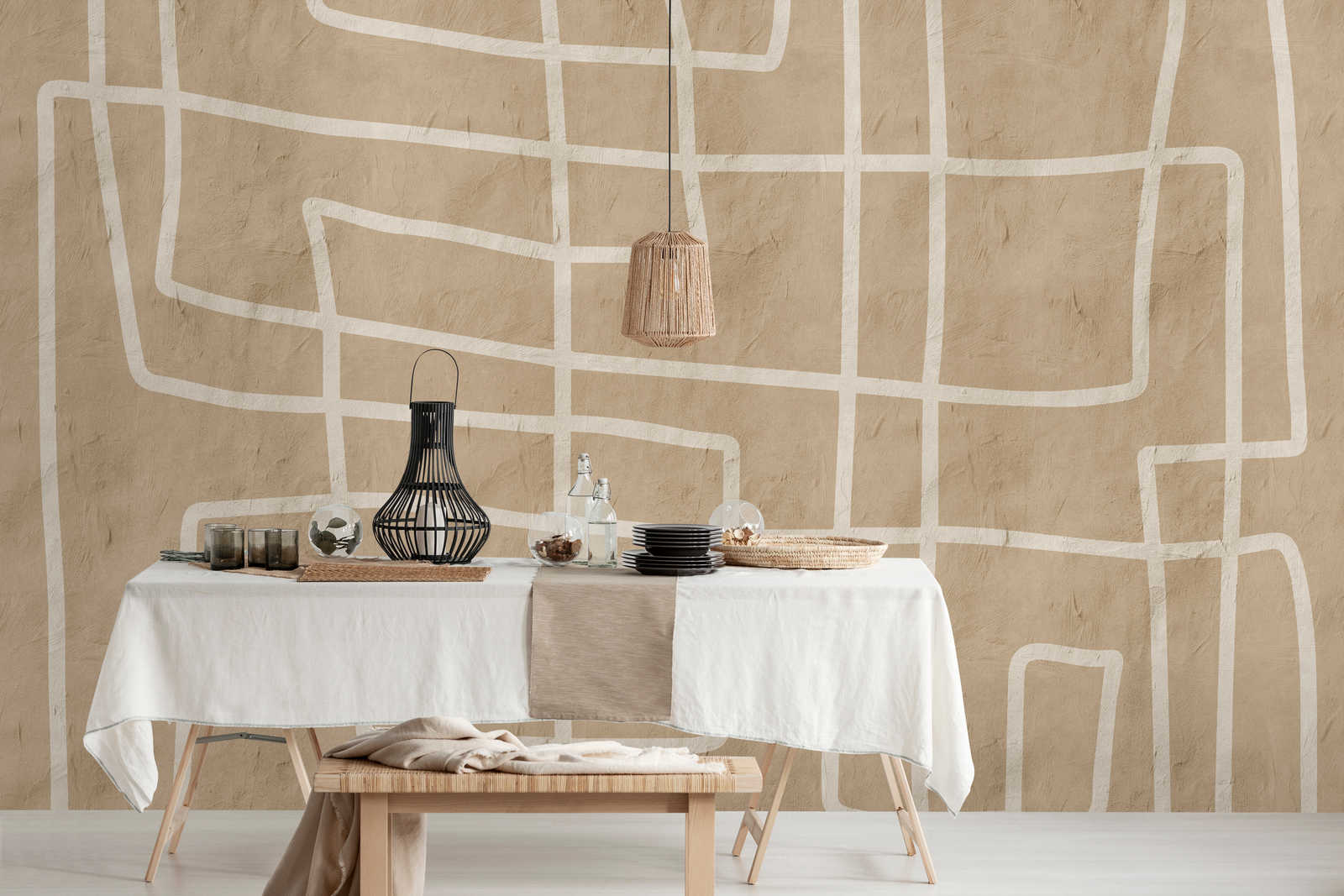             Serengeti 1 - clay wall mural with ethno line pattern in beige
        