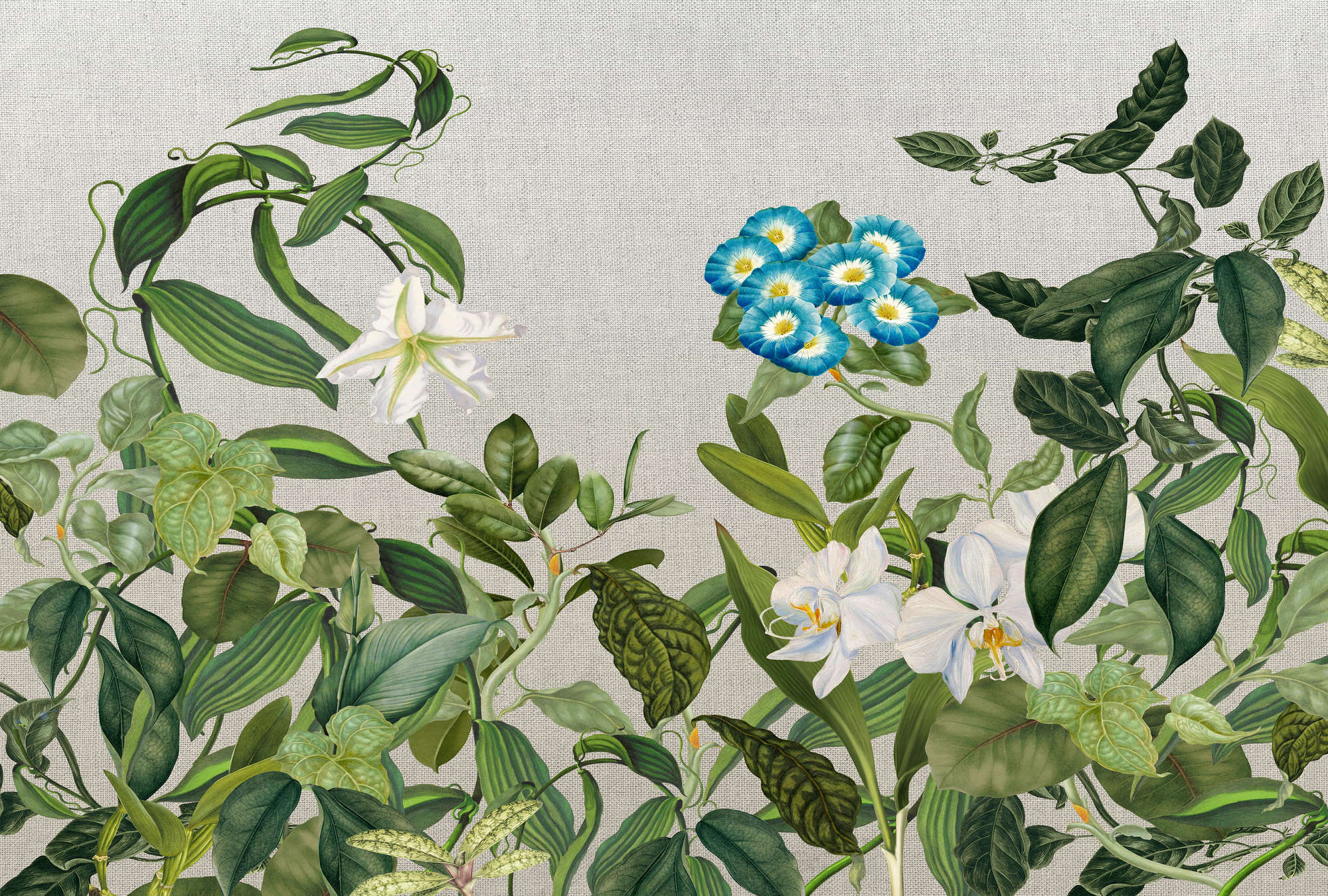             Muurschildering met bloemen, bladeren & textiel look - groen, grijs, blauw
        
