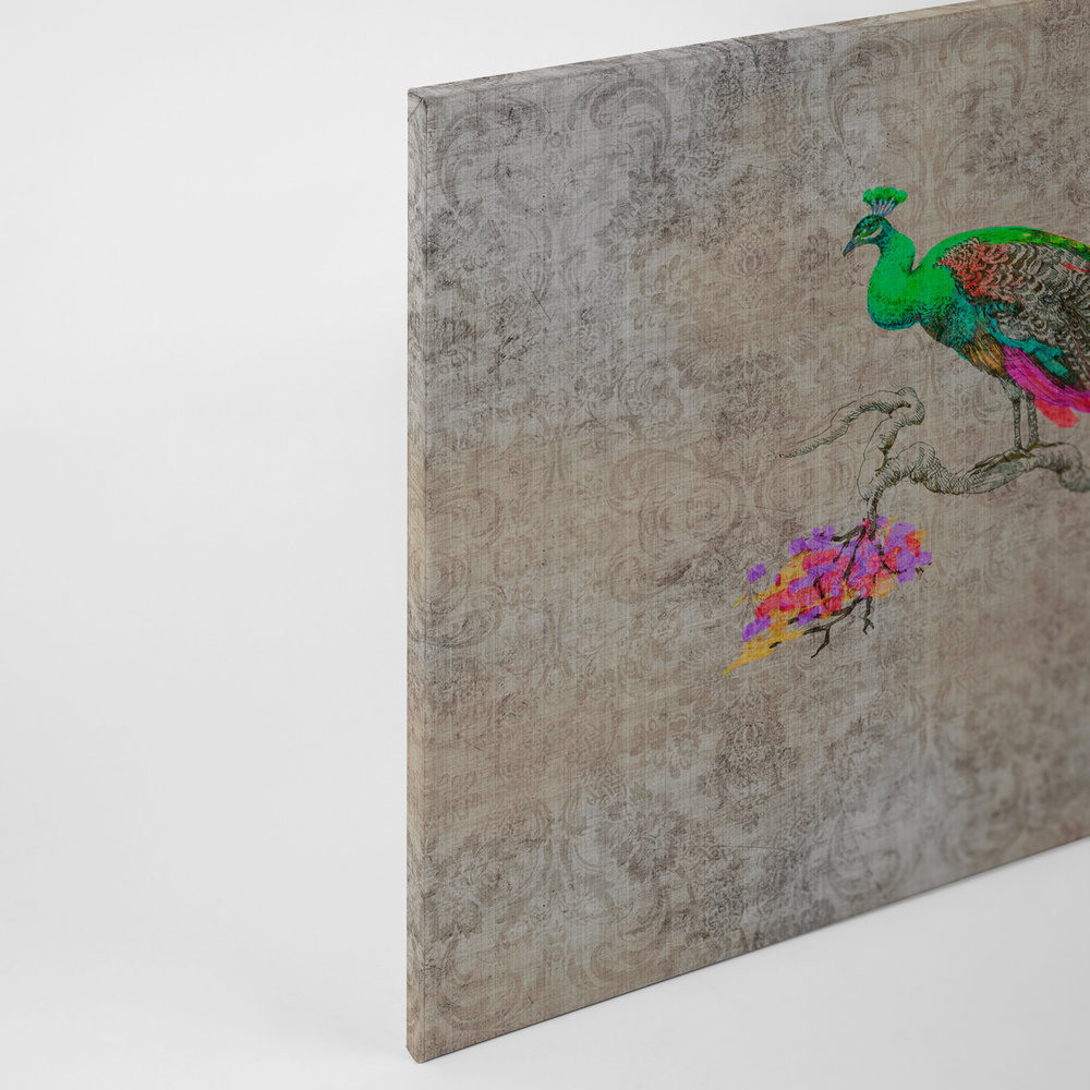             Pavo real 1 - Cuadro en lienzo de estructura de lino natural con pavo real en colores neón - 0,90 m x 0,60 m
        