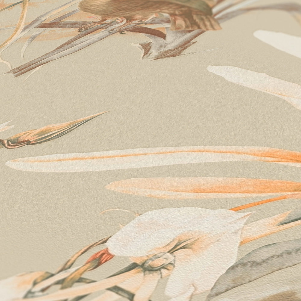             Papier peint design tropical, perroquet & fleurs exotiques - beige, marron
        