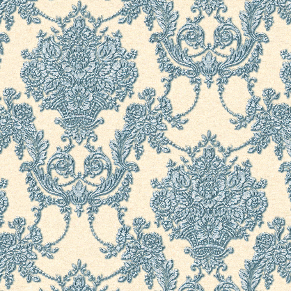             Ornamental wallpaper floral with metallic accent - beige, blue
        