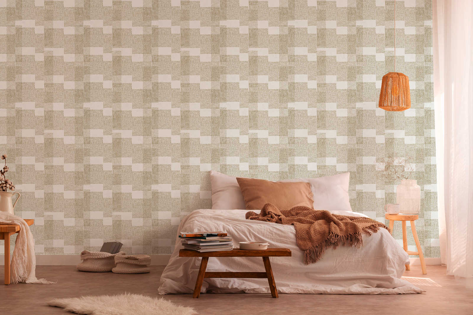             Non-woven wallpaper geometric ethnic design - cream, metallic
        