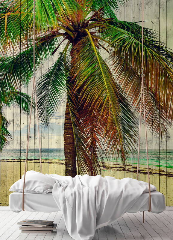             Tahiti 3 - Palmboom muurschildering met vakantiegevoel - houten paneelstructuur - Beige, Blauw | Premium gladde fleece
        