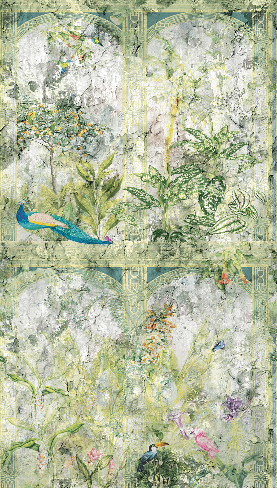             Wallpaper with jungle look and birds in vintage style - green, blue, grey
        