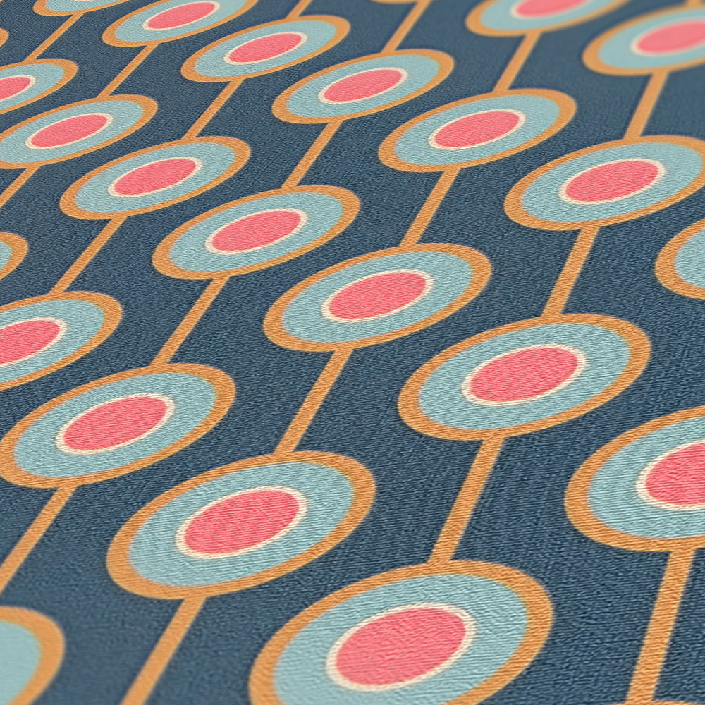             Retro behang met lichte structuur en cirkelpatroon - blauw, geel, roze
        