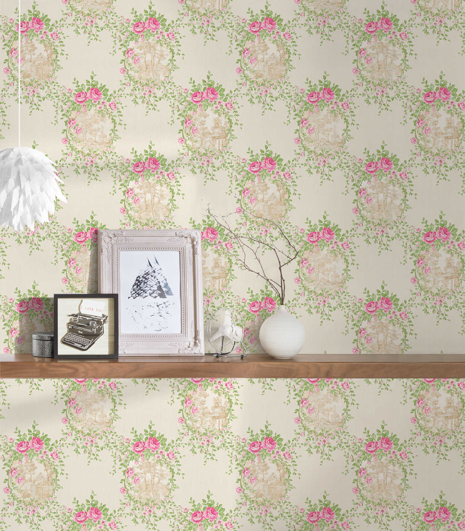             Vintage wallpaper landscape ornaments & roses - cream
        