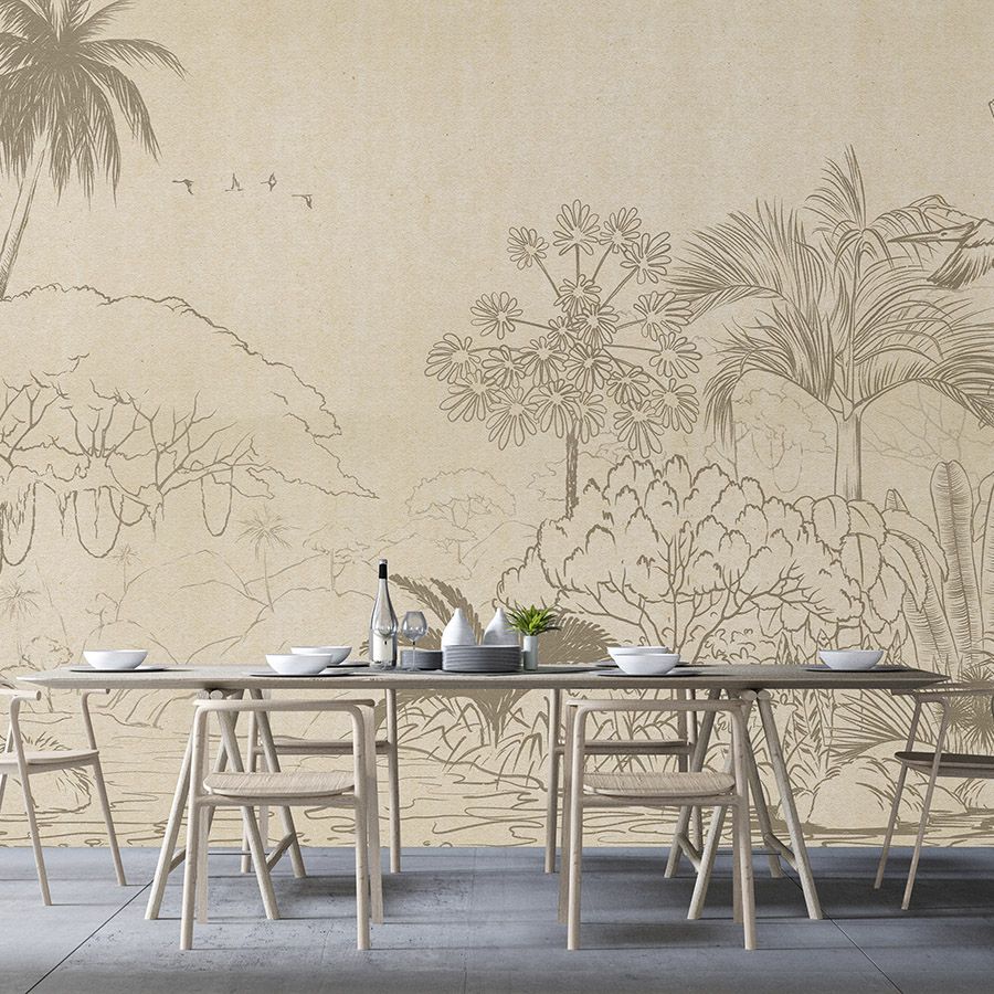 Photo wallpaper »oasis« - Jungle in drawing style with handmade paper look - Smooth, slightly shiny premium non-woven fabric
