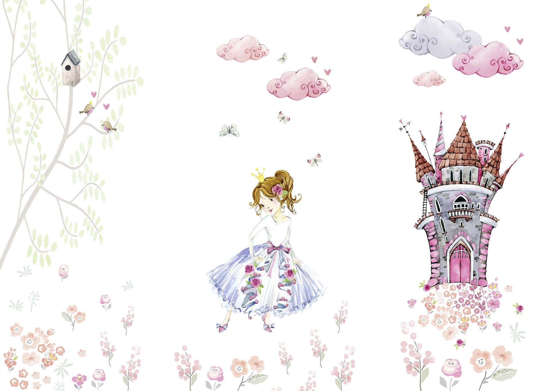             Papier peint panoramique avec princesse dans le jardin du château chambre d'enfant - rose, blanc, vert
        