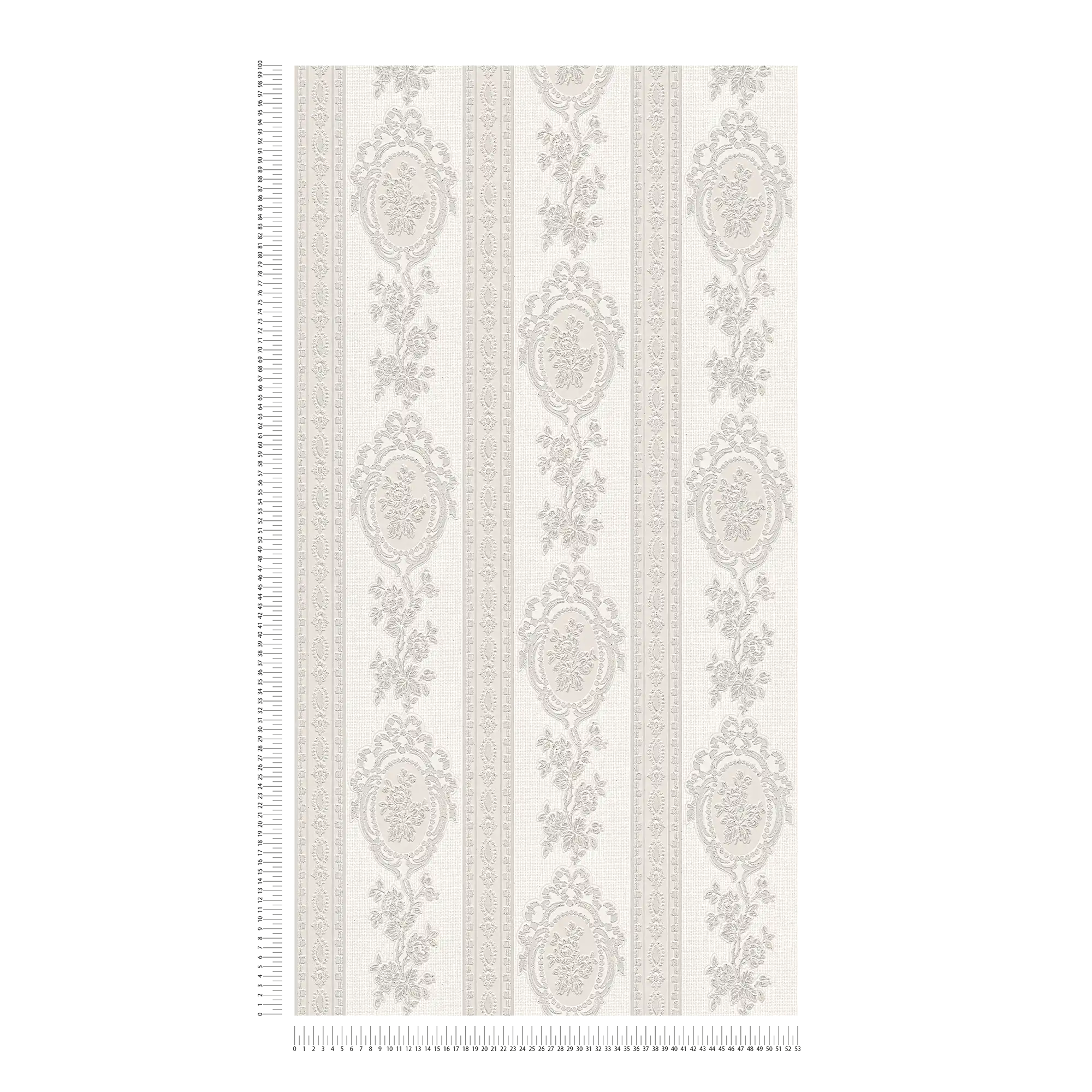             Carta da parati ornamentale elementi floreali, strisce e fiori - grigio, bianco, argento
        