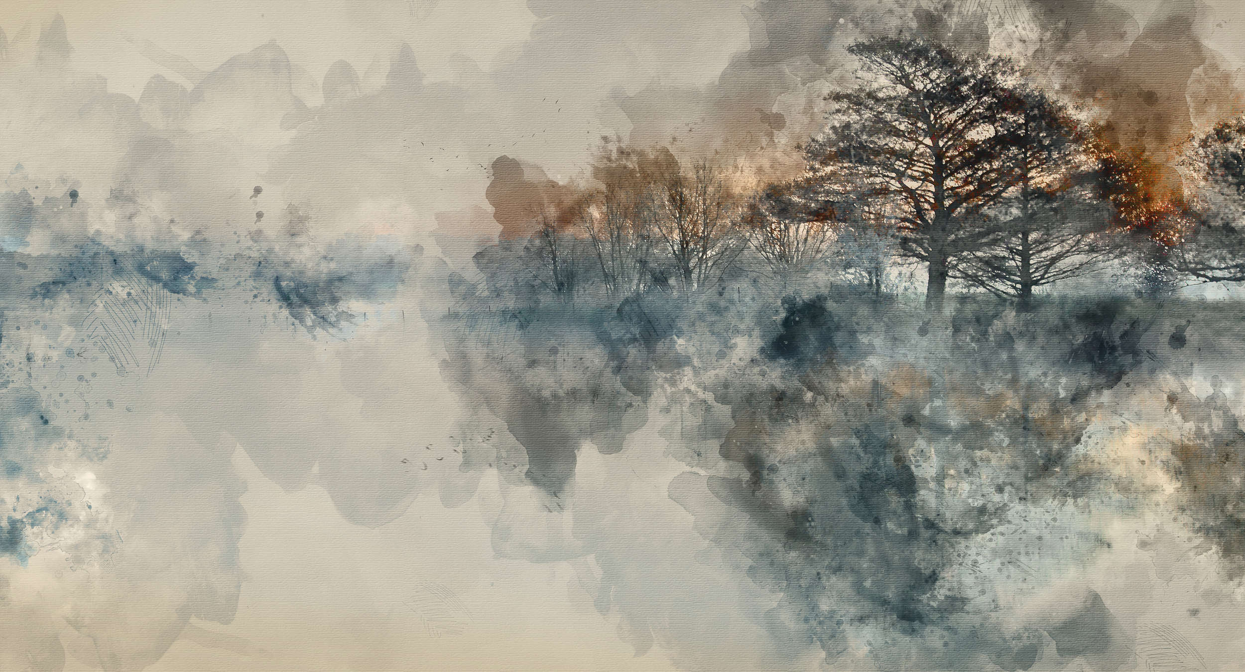            Papier peint Autumn Lake style aquarelle - bleu, beige, gris - intissé structuré
        
