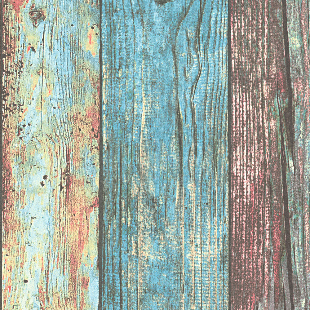             Papel pintado de madera de colores de estilo Shabby Chic con patrón de tablas - azul, rojo, marrón
        