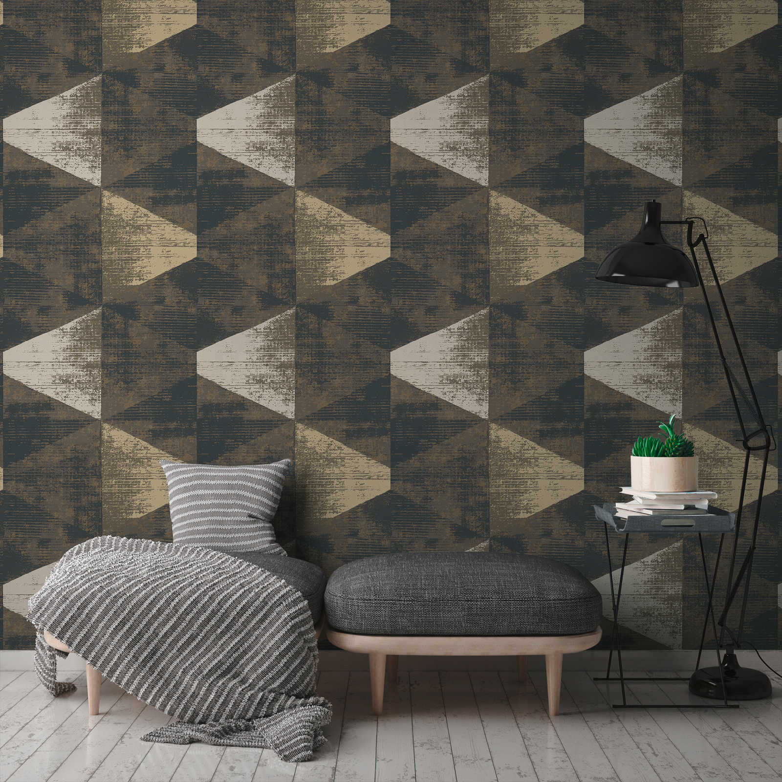             Graphic wallpaper with metallic colours and modern used look - metallic, black, beige
        