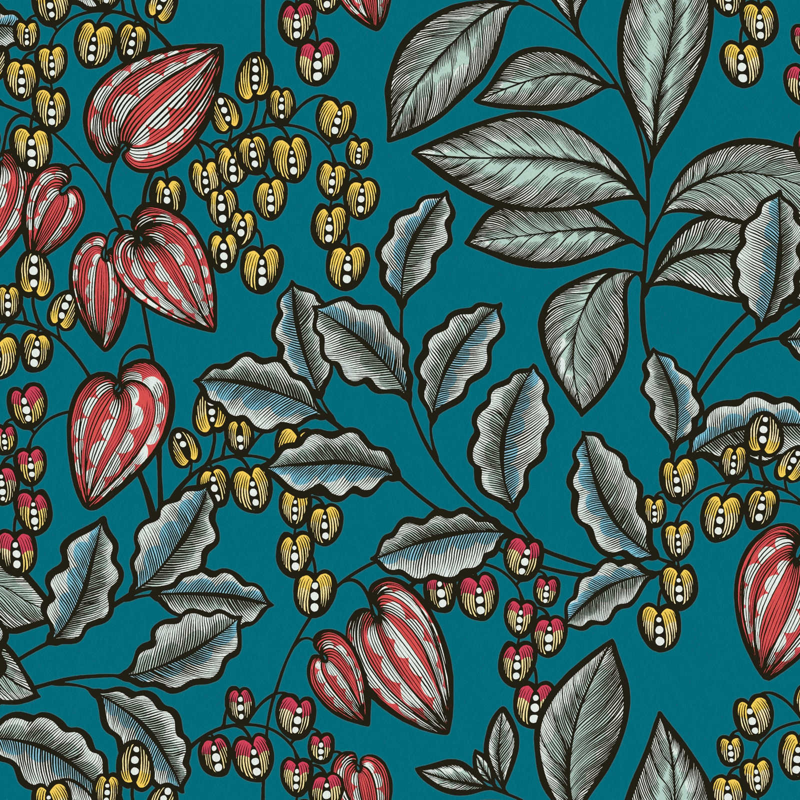 Floral wallpaper leaves & flowers in modern art style - blue, yellow, red
