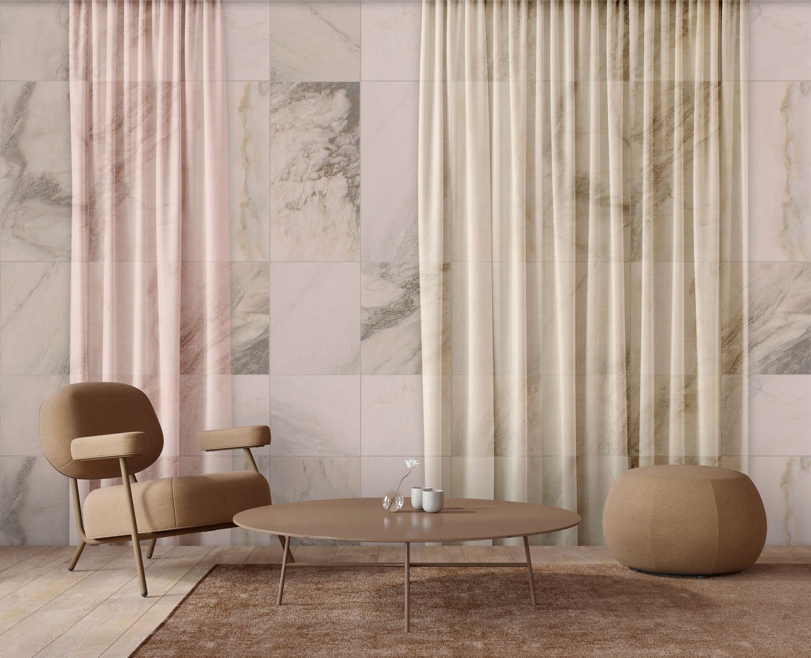             Photo wallpaper »nova 3« - Subtly falling curtains against a beige marble wall - Smooth, slightly pearlescent non-woven fabric
        