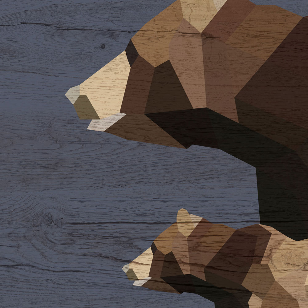             Yukon 3 - Mural de la familia de osos con diseño de facetas y aspecto de madera
        