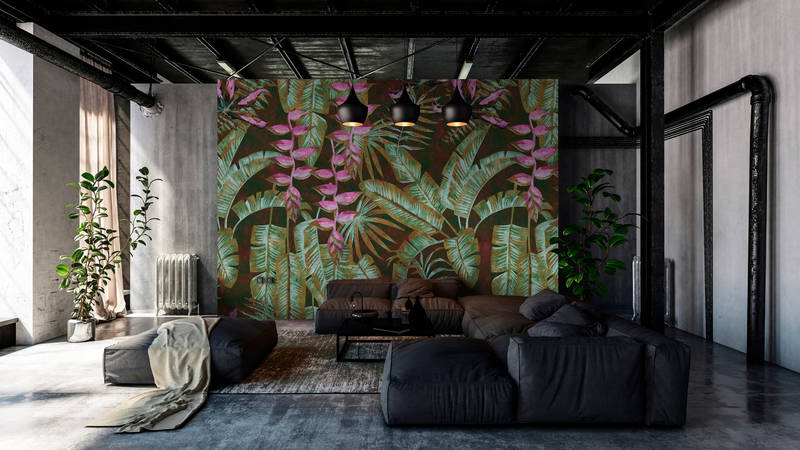             Tropicana 1 - Jungle Onderlaag behang met Bananenbladeren & Boerderijen Vloeipapier Textuur - Groen, Paars | Pearl Smooth Vliesbehang
        