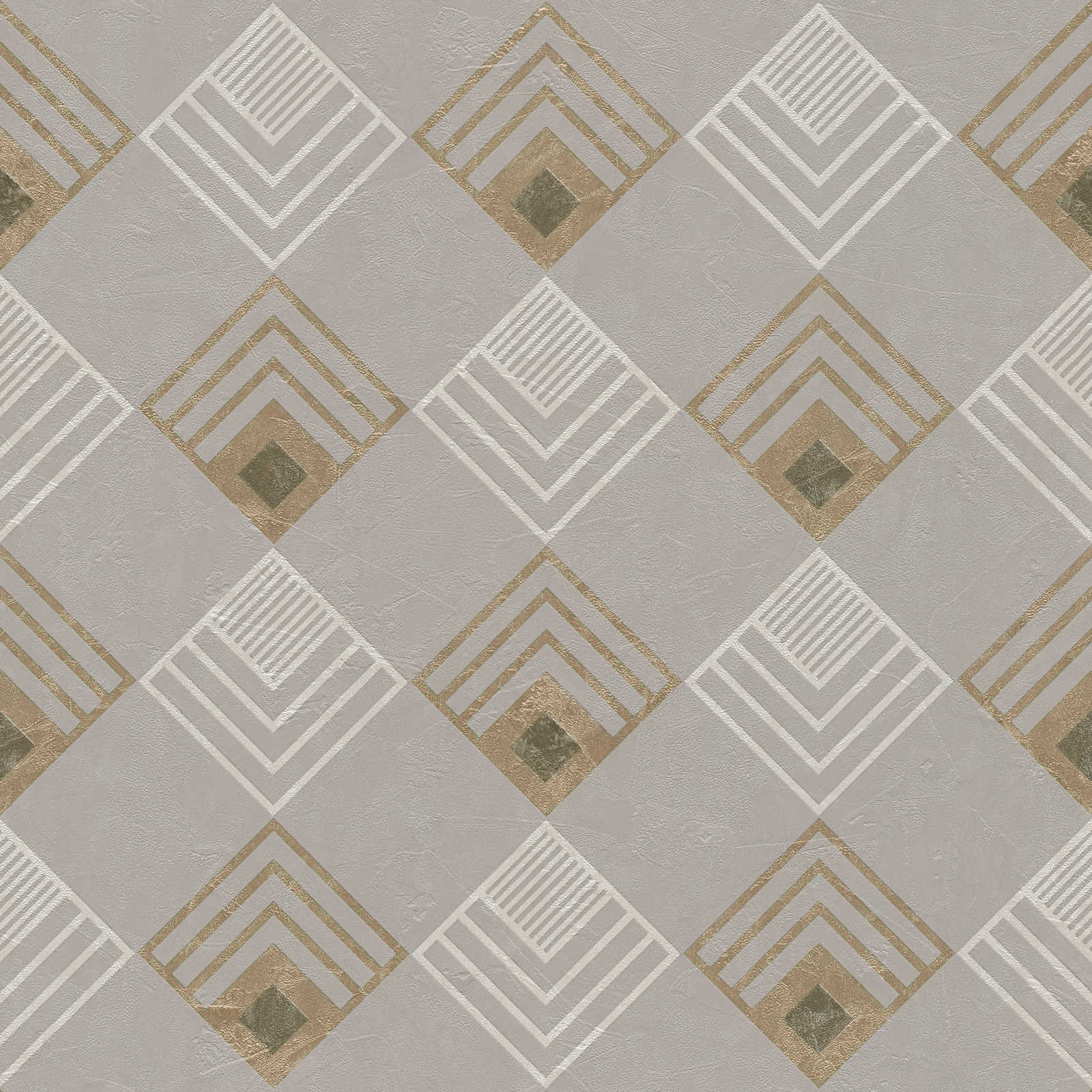 Papel pintado de tejido no tejido con motivo Art Deco, efecto metálico - gris, beige, blanco
