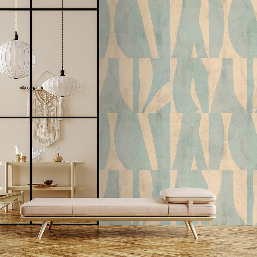 Photo wallpaper »laila« - Graphic pattern on concrete plaster texture - Beige, mint green | Smooth, slightly pearly shimmering non-woven fabric
